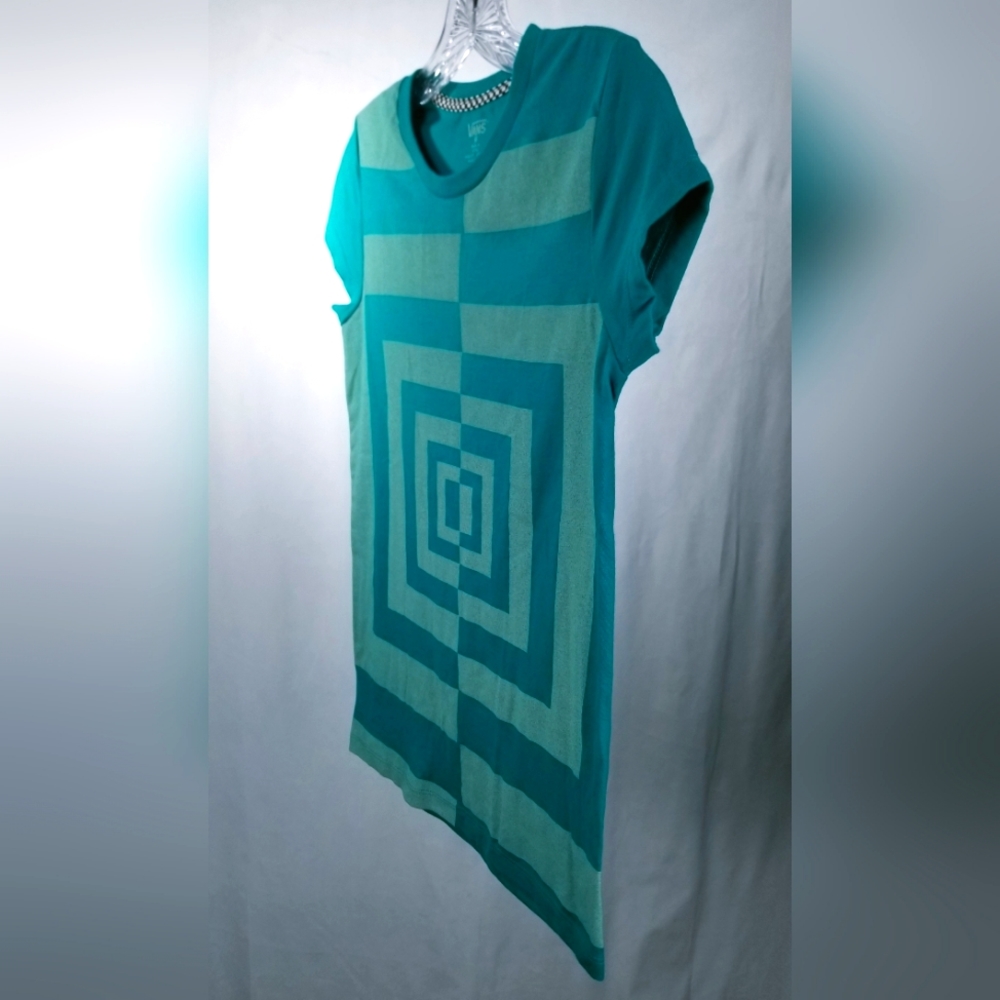 Vintage Y2K Vans Teal Trippy Geometric Design Graphic Cap Sleeve T-Shirt Size M